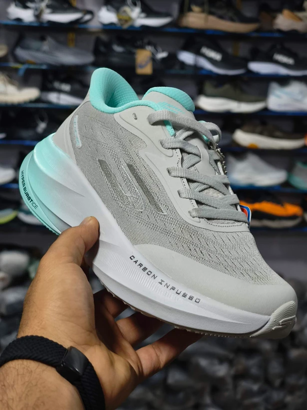 کتونی اسکیچرز هایپربرست کربن سایز 37 تا 40 طوسی سبزآبی Skechers Hyper Burst Carbon